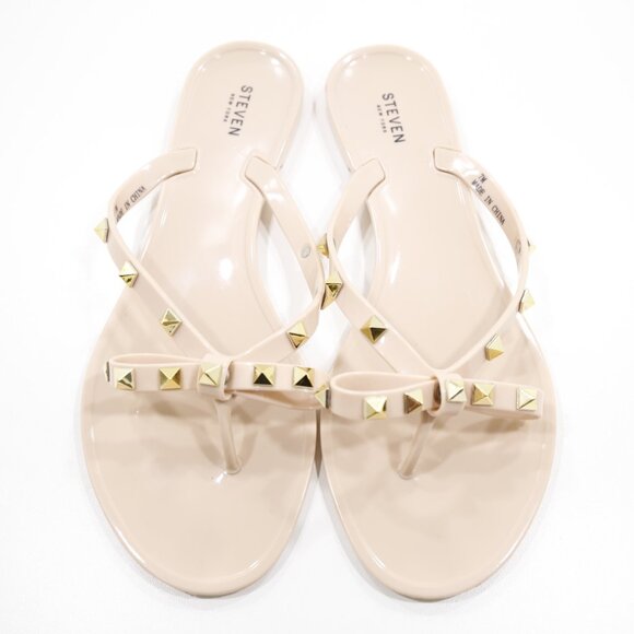Steven by Steve Madden Deena Beige Plastic Gold Studded Flat Thong Sandals - 7 - Picture 6 of 7
